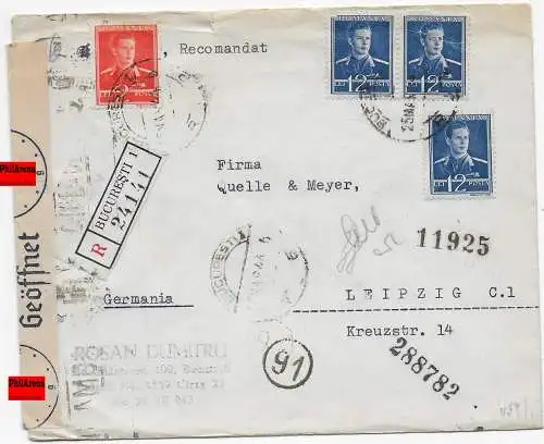 Einschreiben Bucaresti 1944 mit OKW und rum. Zensur nach Leipzig