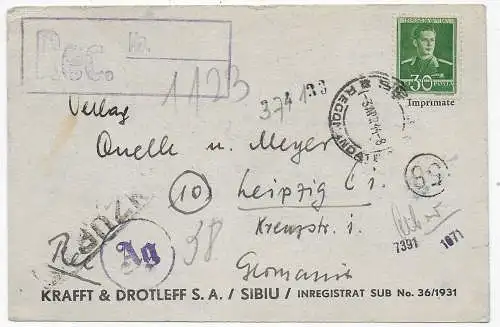 Postkarte Einschreiben Sibiu nach Leipzig 1944 mit OKW Zensur