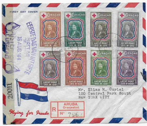Curacao: Aruba Oranjestad. FDC 1944 nach New York City, Zensur