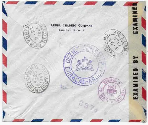 Curacao: Aruba Oranjestad. FDC 1944 nach New York City, Zensur