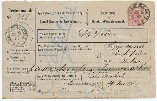 Luxembourg Esch s. Sure, Ettelbruck, 1883 Postanweisung- Internationale Bank