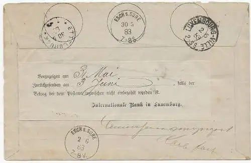 Luxembourg Esch s. Sure, Ettelbruck, 1883 Postanweisung- Internationale Bank