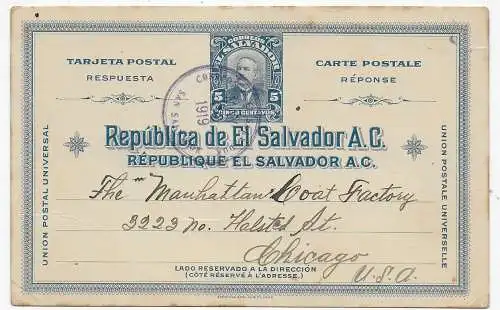 Postkarte San Salvador 1919 nach Chicago/USA