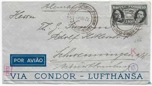 Luftpost Brief via Condor-Lufthansa, 1941 nach Schwenningen, OKW Zensur