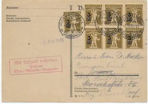 Postkarte Flugpost Flims Waldhaus 1931 nach Heiligenhaus, Stempel Essen-Mühlheim