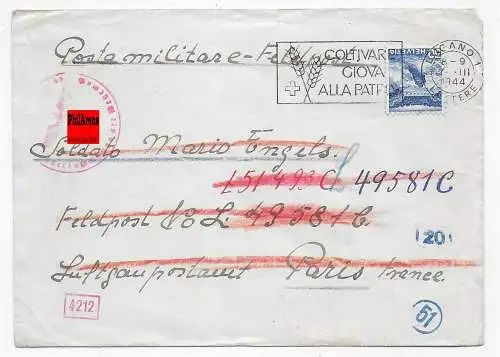 Feldpost Lugano nach Paris an Feldpostnummer, 1944, OKW Zensur