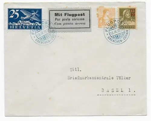 Flugpost Grenchen-Zürich nach Basel, 1924
