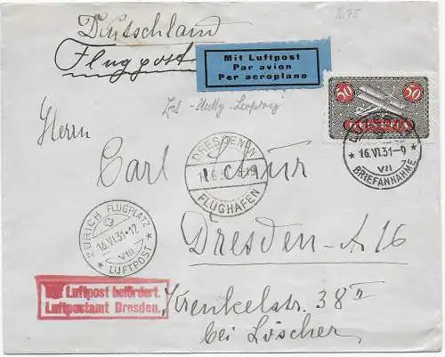 Luftpost Luzern nach Dresden, 1931, Luftpostamt Dresden