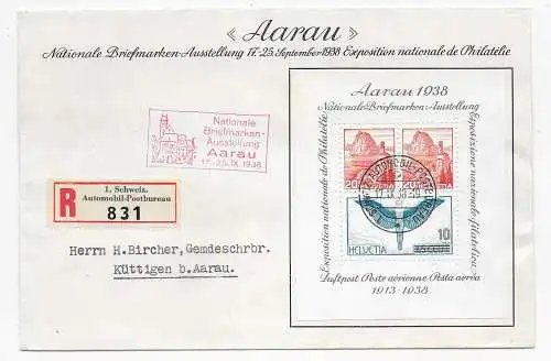 Einschreiben 1. Automobil Postbüro Aarau 1938 nach Küttigen, FDC Block 4