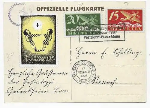 Offizielle Flugkarte Yverdon: Pestalozzi-Gedenkfeier 1927, Vignette