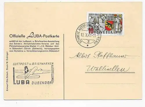 Offiziele LUBA Postkarten: Luftpost-Briefmarken Ausstellung Dubendorf, 1941