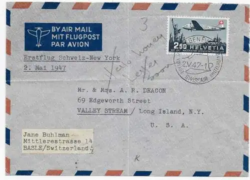 Luftpost Erstflug Schweiz-New-York 1947 von Basel nach Valley Stream/Long Island