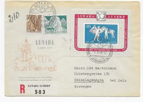 Luzern Nationale Briefmarkenausstellung 1951, FDC als Einschreiben nach Norwegen