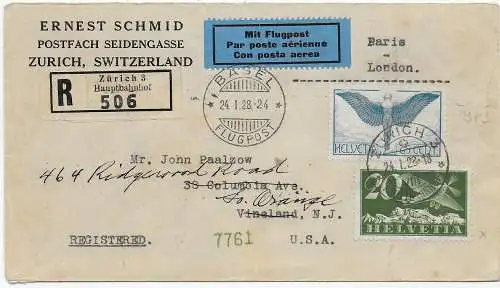 Einschreiben Zürich mit Flugpost Basel nach Vineland NJ/USA, 1928