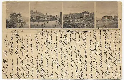 Postkarte mit Stadtansichten Lugano 1889 nach Merseburg