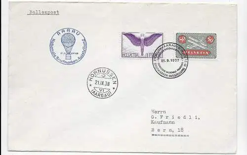 Aarau nationale Briefmarkenausstellung, Ballonflug-Stempel 1938 nach Bern