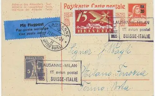 Flugpost Lausanne-Milan, 1925, 1. Flug nach Milano