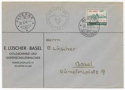 Sonderpostflug Pro Aero 1941 von Buchs nach Basel, Goldschmied, Uhrmacher