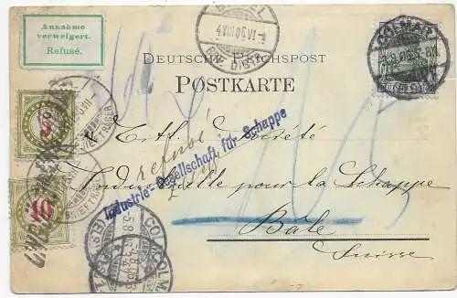 Postkarte aus Colmar nach Basel; Annahme verweigert 1906, Nachporto