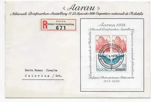 Einschreiben Aarau, Nationale Briefmarken-Ausstellung 1938 nach Celerina, FDC