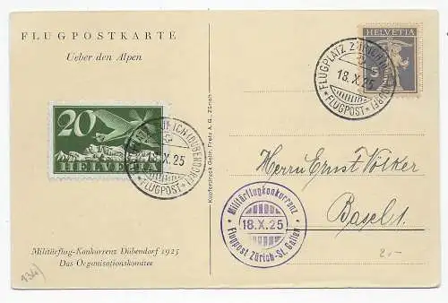 Flugpostkarte Militärflug Konkurrenz Dübendorf 1925 nach Basel