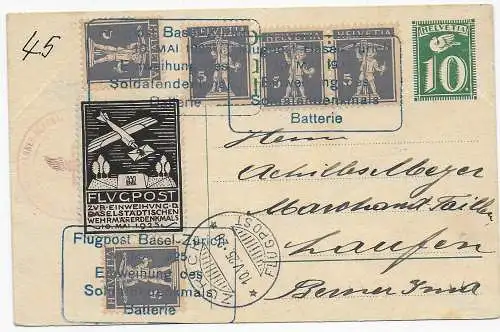 Postkarte Flugpost Basel-Zürich: Einweihung Soldatendenkmal