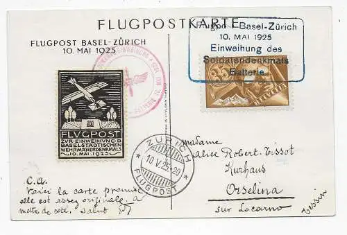 Flugpostkarte Basel-Zürich, Einweihung Soldatendenkmal 1925 nach Orselina