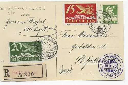 Flugpostkarte Zürich 1925: Flugpost Zürich-St. Gallen, Einschreiben