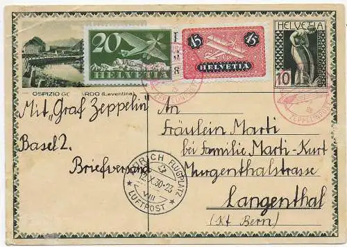 Postkarte Basel 1930 mit Graf Zeppelin nach Langenthal