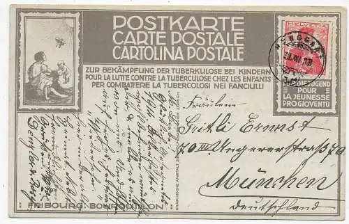 Bekämpfung TBC bei Kindern, Sonderpostkarte Fribourg, nach München 1910