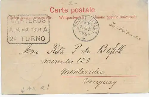 Postkarte 1901 nach Uruguay, Montevideo, rückseitig Telegraphenmarken