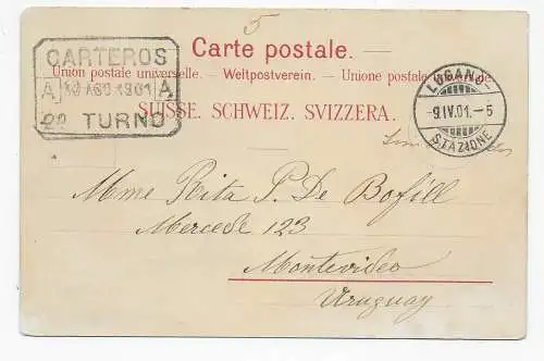 Postkarte  Lugano 1901 nach Uruguay, Montevideo, rückseitig erste Briefmarken