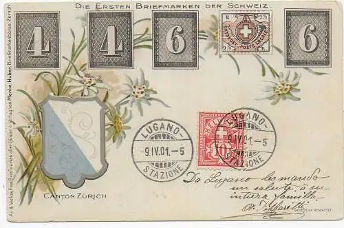 Postkarte  Lugano 1901 nach Uruguay, Montevideo, rückseitig erste Briefmarken