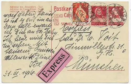 Eilbote Postkarte Zürich 1916 nach München