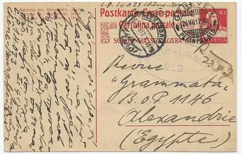 Postkarte Genf 1917 nach Ägypten, Alexandria, britische Zensur