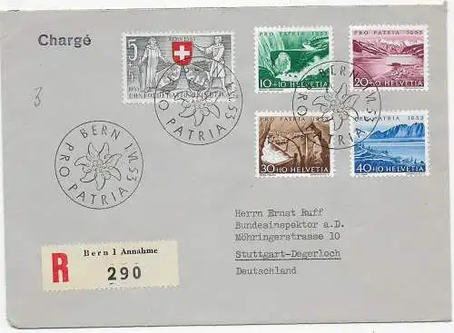 Einschreiben Bern Pieteren, Pro Patria 1953 nach Stuttgart, FDC