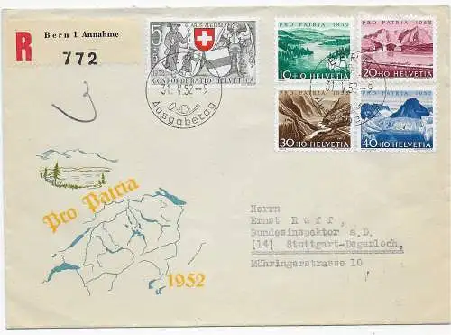 Einschreiben Bern Pieteren, Pro Patria 1952 nach Stuttgart, FDC