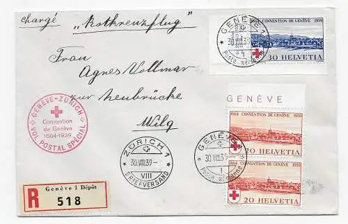 Einschreiben Rote-Kreuz Flug: Genf-Zürich 1939 nach Wil, FDC