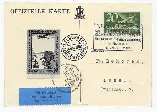 Sonderkarte Flugpost Internationale Ausstellung Binnenschifffahrt Basel 1926