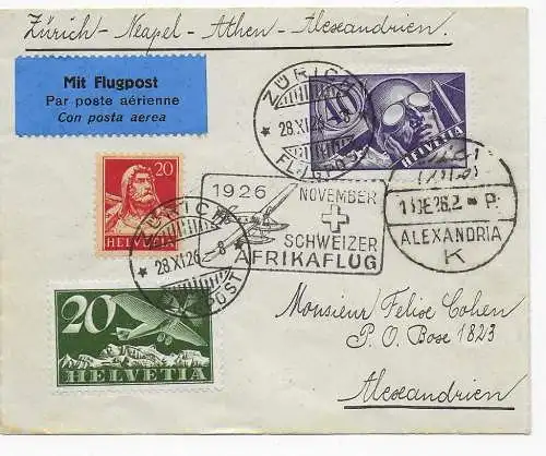 Flugpost Zürich-Neapel-Athen-Alexandria, 1926, Schweizer Afrikaflug