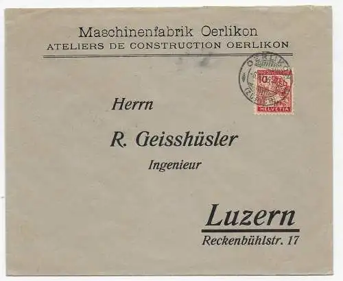  Maschinenfabrik Oerlikon nach Luzern 1915, Firmenumschlag hoher Michel Wert