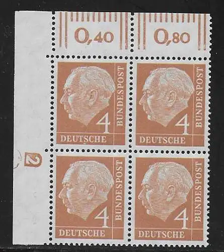 Bund: MiNr. 178 Druckziffer 2, Viererblock, **, postfrisch Eckrand