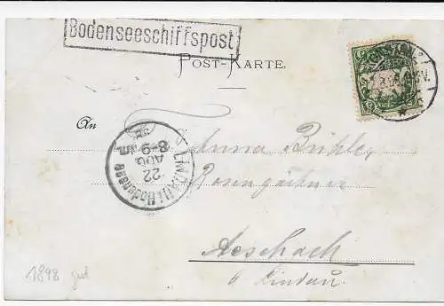 Bodenseeschiffspost - Ansichtskarte Friedrichshafen 1898 nach Aeschach