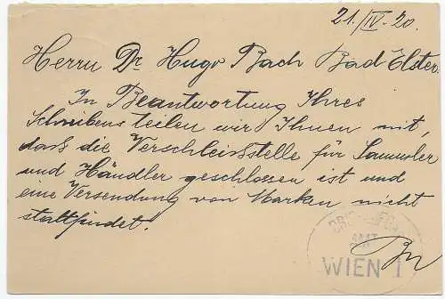 Postkarte Briefaufgabs-Amt Wien, 1920 nach Bad Elster