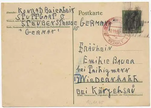Stuttgart Bad Cannstatt nach Wiedernhahn, Gebühr bezahlt 8.11.1945