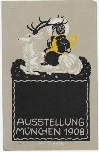 Amtliche Ausstellungskarte München, 1908: Hirsch mit Kind und Musikinstrument