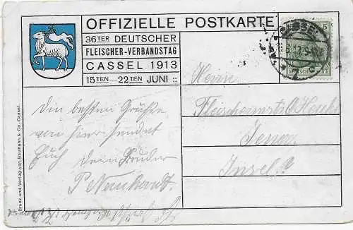 Offizelle Postkarte Deutscher Fleischer Verbandstag 1913 in Kassel