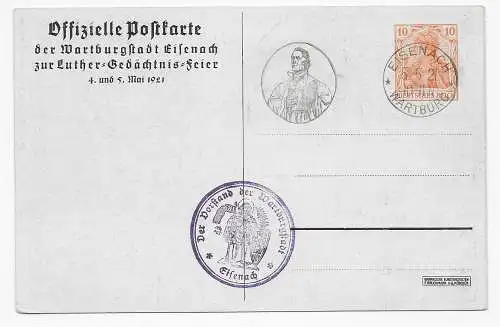 Offizielle Postkarte Wartburgstadt Eisenach, Luther Gedächtnis Feier 1921