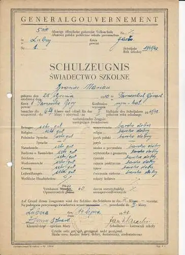 Generalgouvernement GG: Schulzeugnis Lubcza/Jaslo 1942