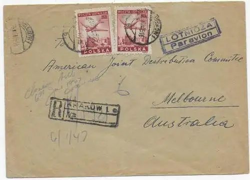 Einschreiben Krakow Lotnicza/Flugpost nach Melbourne, 1947